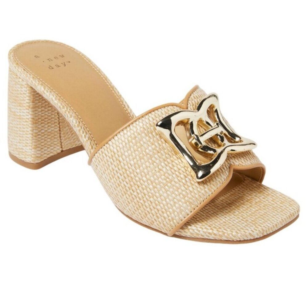 A New Day NWT Arden Raffia Embellished Block Heels Chic Resort Boho Modern Milan